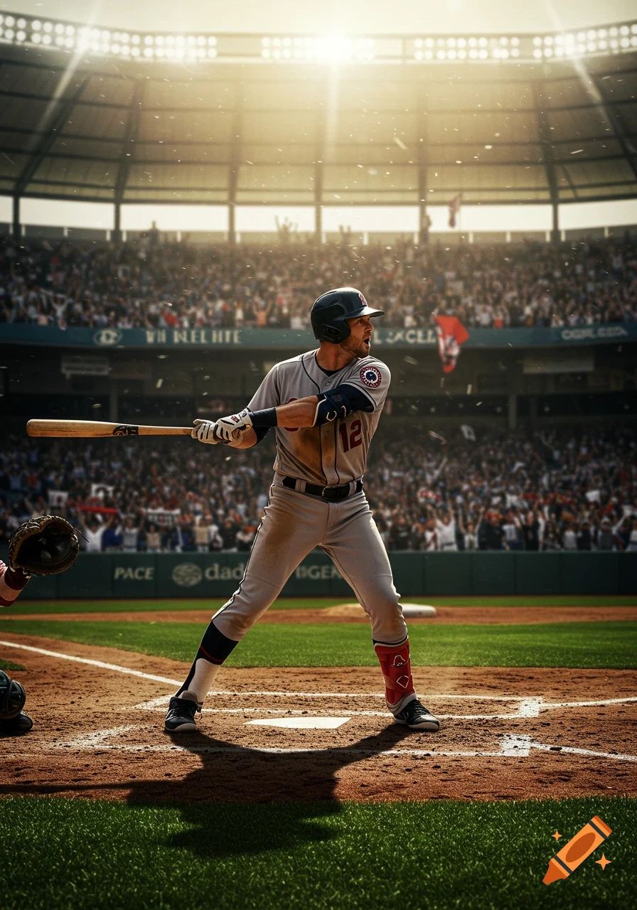 Photorealistic image of a baseball player in mid-swing at a sunlit stadium, facing away from the camera, with a full crowd in the background.