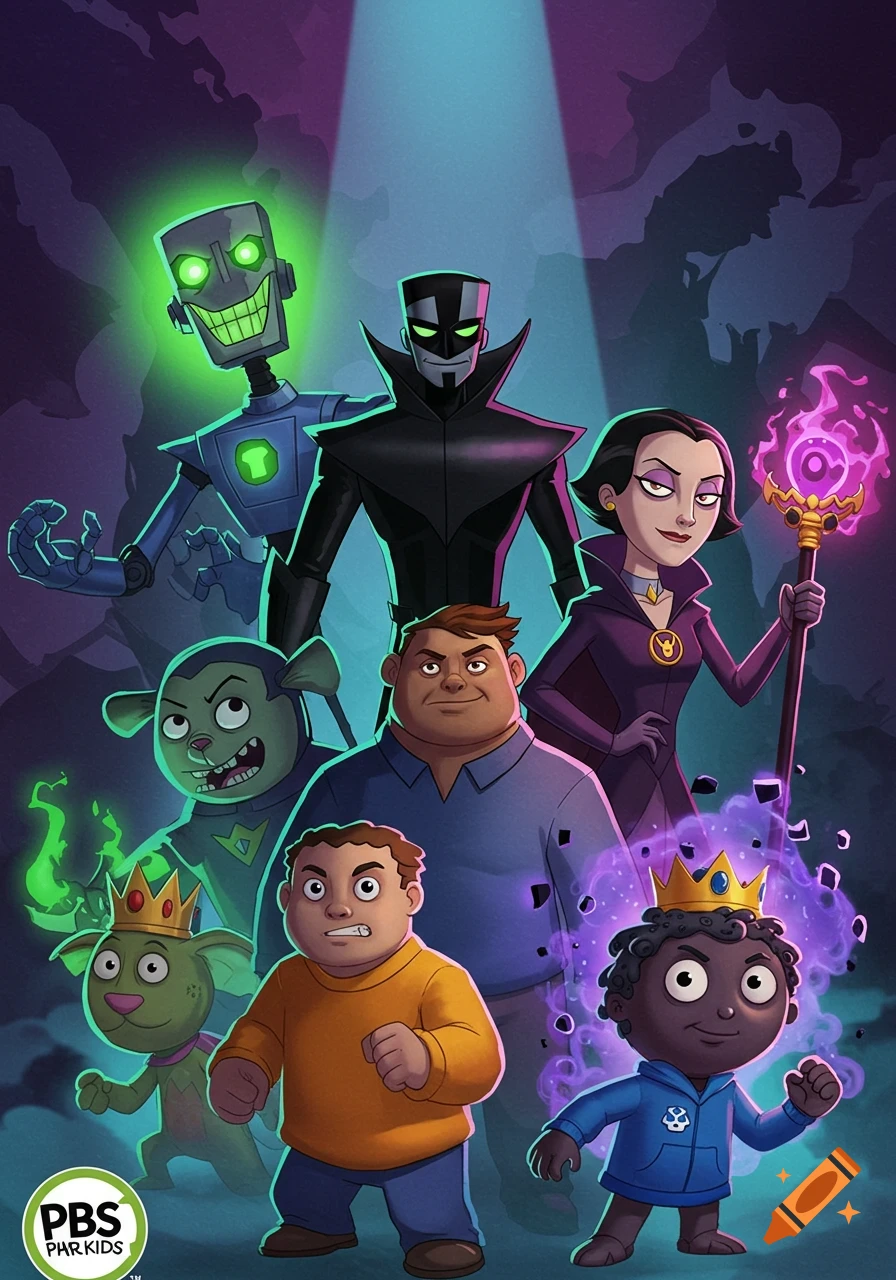 A poster featuring a group of diverse cartoon characters, some appearing menacing, under a spotlight with a "PBS PHR KIDS" logo.