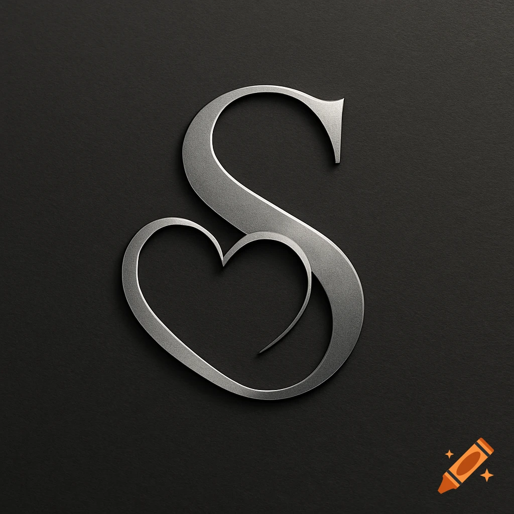 A metallic silver letter 'S' intertwined with a heart on a dark gray background, forming a stylish logo.