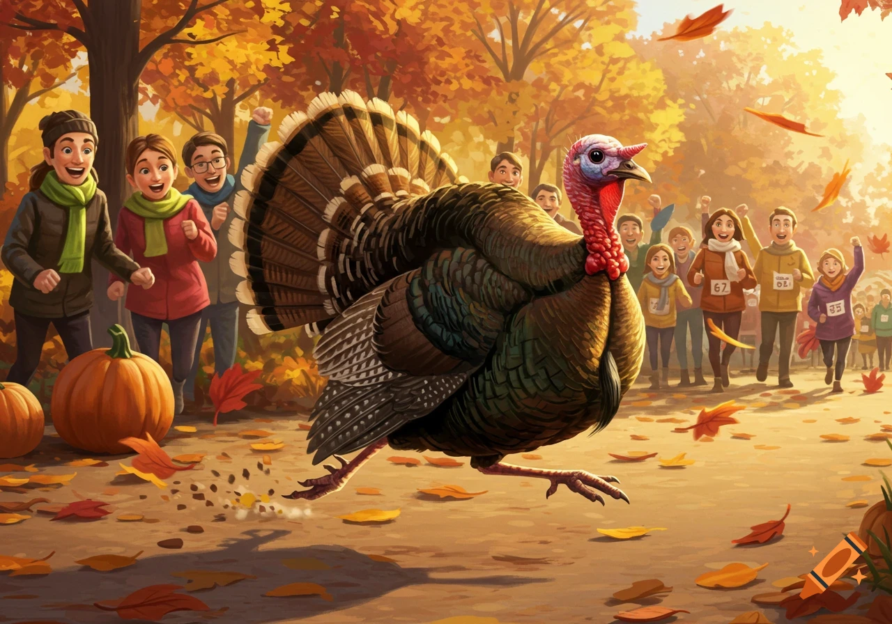 A cartoon turkey with fanned tail feathers runs a race past cheering people, pumpkins, and autumn leaves in a park.