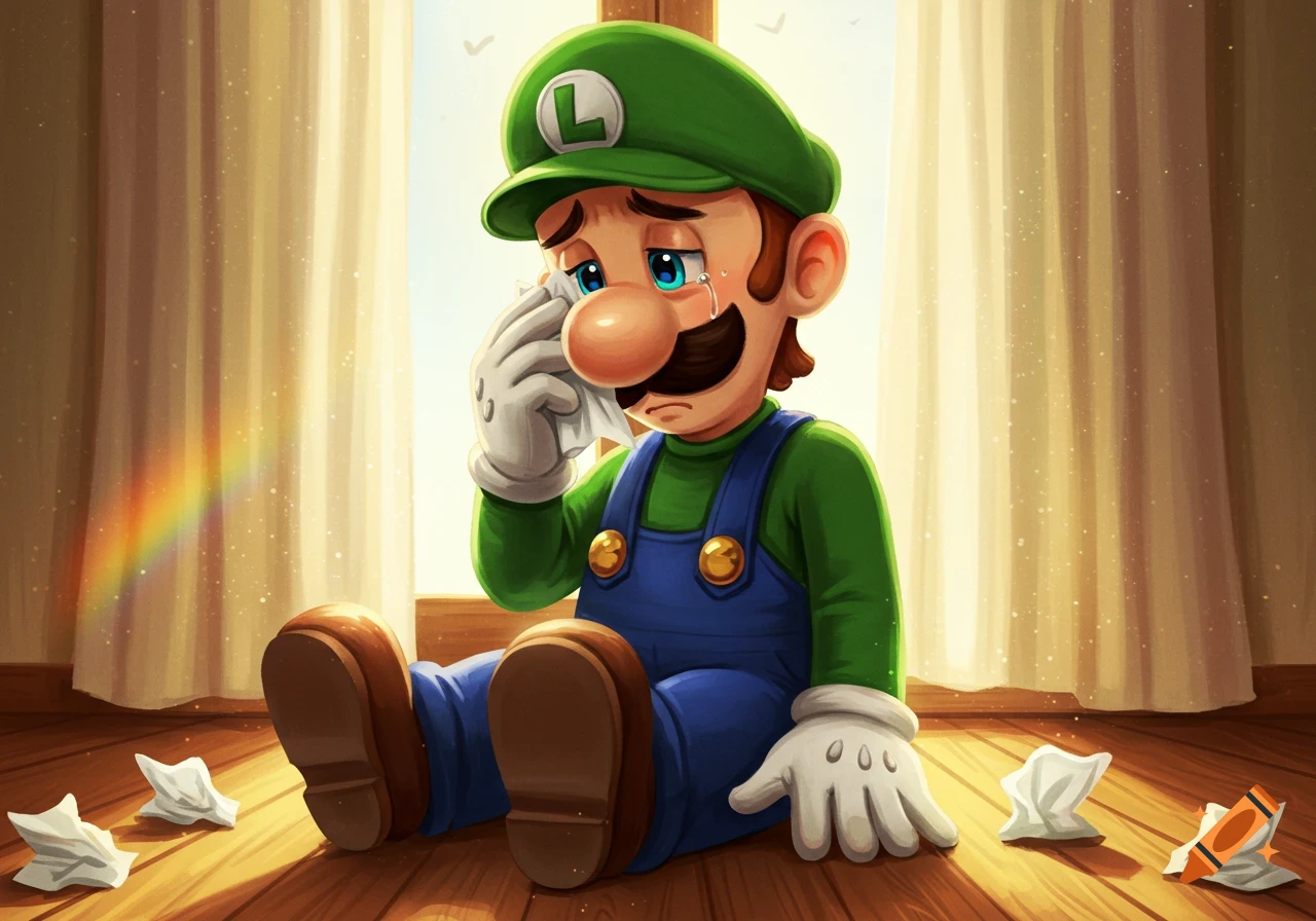 Cartoon illustration of a sad Luigi sitting on a wooden floor, wiping tears near a sunlit window with a rainbow.