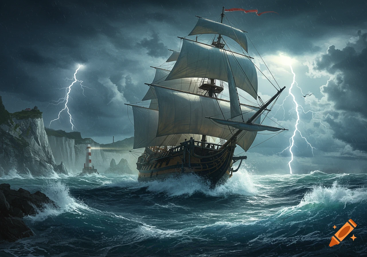 A dramatic painting of a galleon sailing through a stormy sea with lightning strikes and a lighthouse on rocky cliffs.
