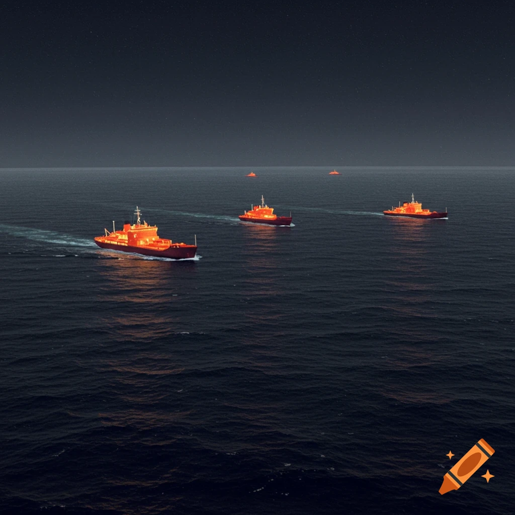 Several glowing orange ships sail across a dark, calm thermal imaging sea under a starry night sky.