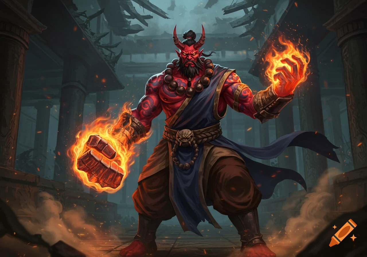 A formidable red-skinned Oni monk with horns, beard, and prayer beads, wields fiery fists in ancient temple ruins, digital art.
