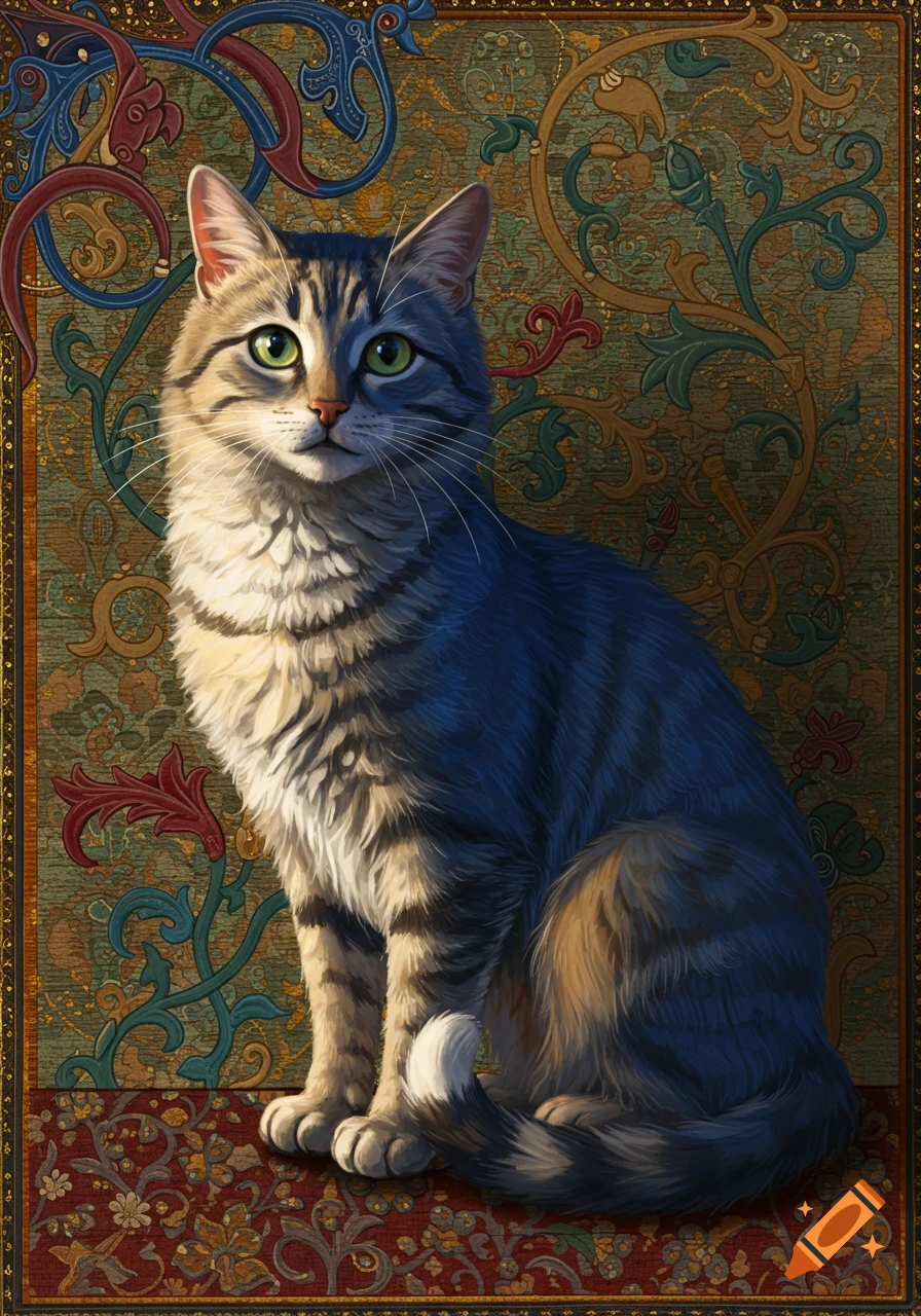 A tabby cat with green eyes sits against a background of intricate, colorful medieval-style patterns.