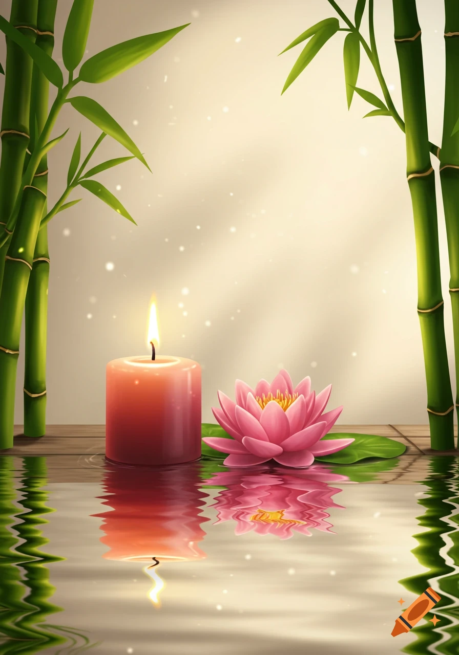 A lit pink candle and a pink lotus flower reflected in rippling water, framed by green bamboo stalks.