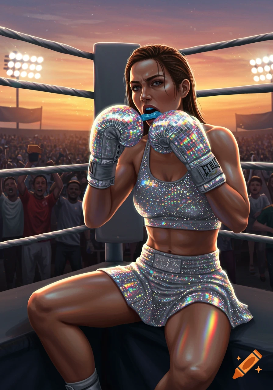 A female boxer in a sparkly sports bra, skirt, and disco ball-textured gloves sits in a boxing ring corner with a crowd watching.
