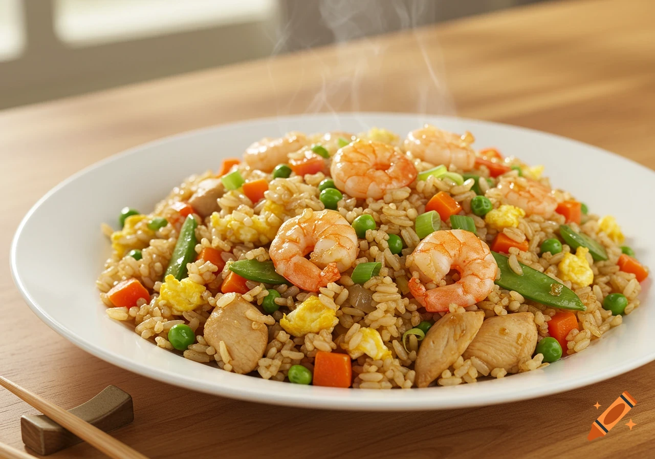A steaming plate of fried rice with shrimp, chicken, peas, carrots, and scrambled egg on a wooden table with chopsticks.