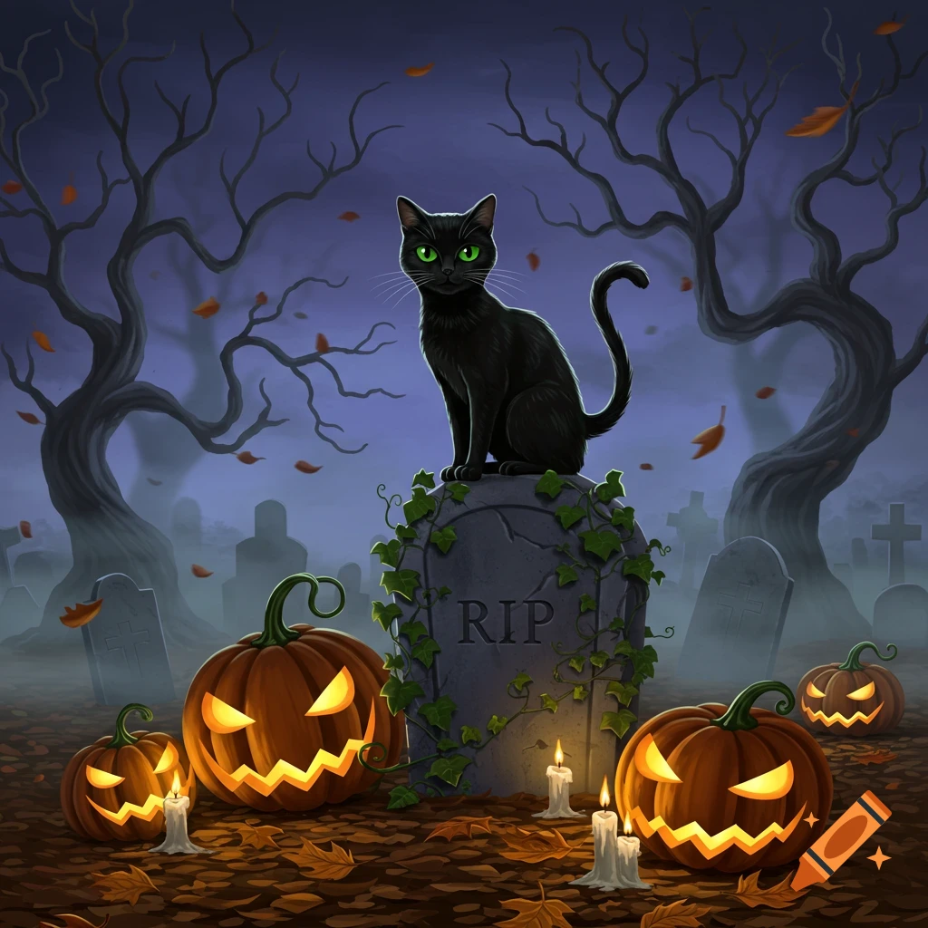 A black cat with glowing green eyes sits on an ivy-covered tombstone in a dark graveyard, surrounded by lit jack-o'-lanterns and candles, with bare trees in the background.