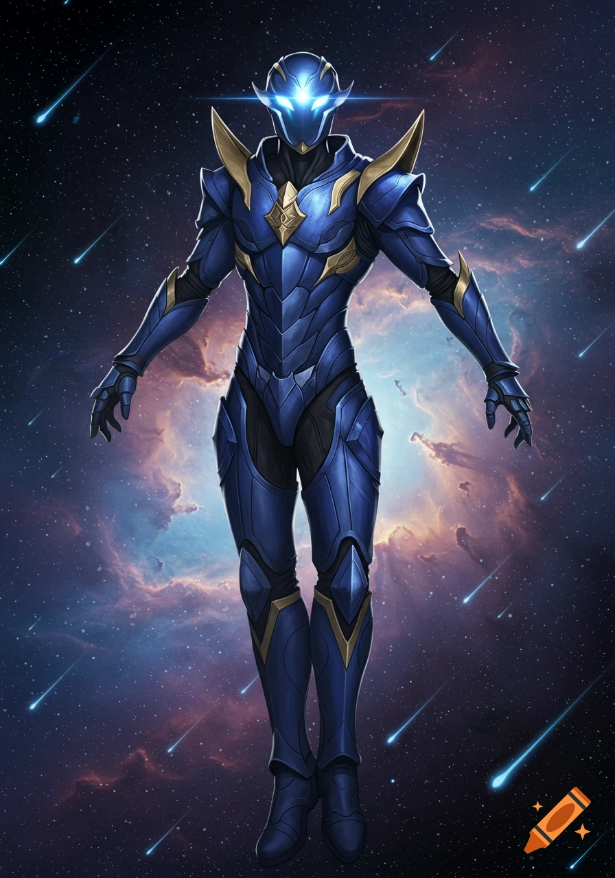 A blue and gold armored futuristic warrior with glowing eyes floats in ...