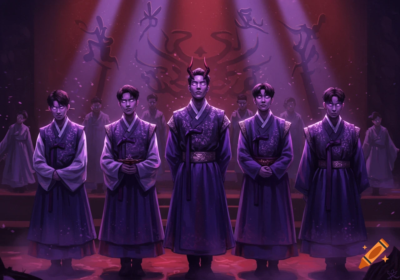 Five young men in purple hanbok with glowing eyes stand in a dark, red and purple lit room; the central figure has horns.