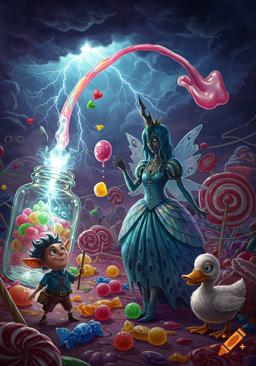 A fantasy illustration of a goblin-like boy next to a jar of glowing candy and lightning. A fairy queen and a duck stand in a candy-filled landscape under a stormy sky.