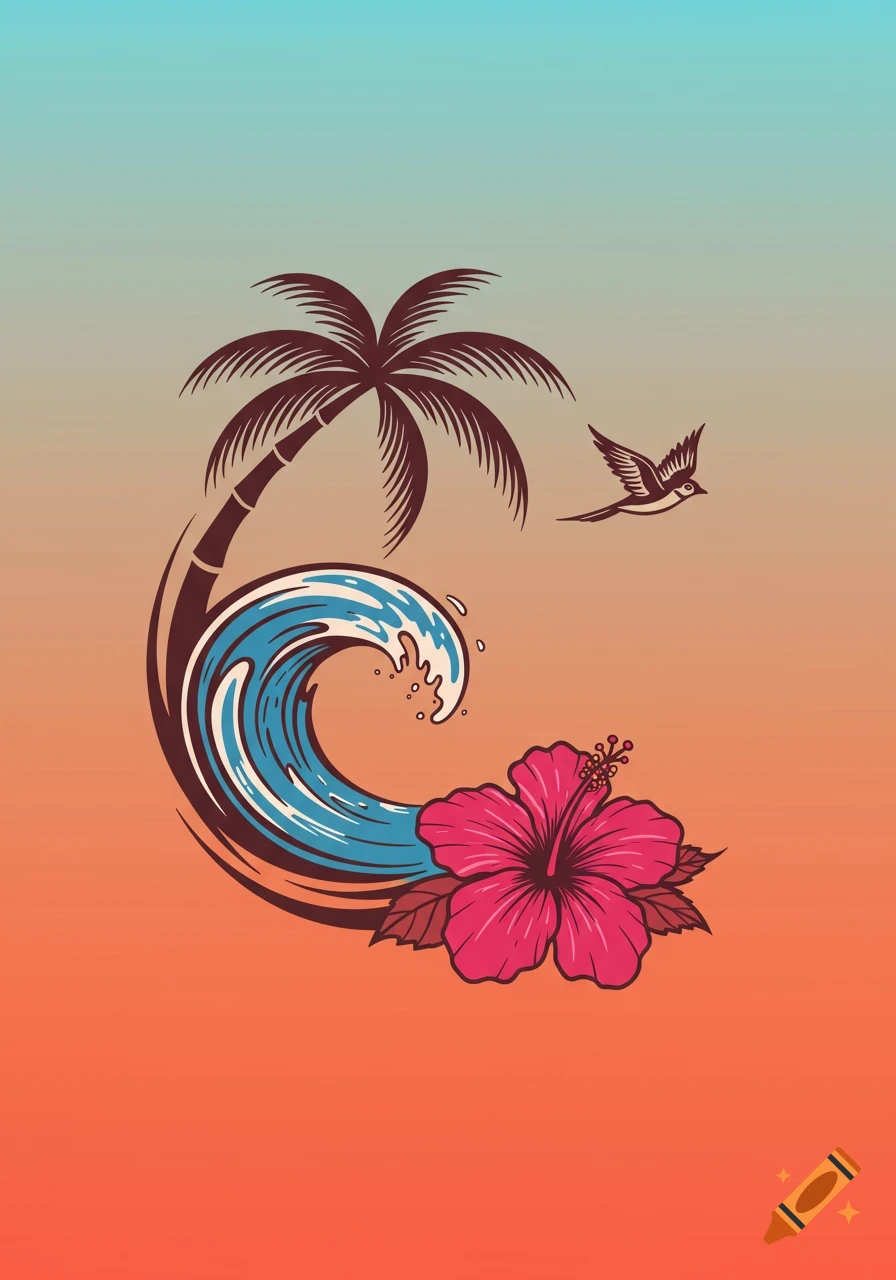 A tribal illustration featuring a curving palm tree, a blue wave, a pink hibiscus flower, and a small bird flying, against an orange to teal gradient.