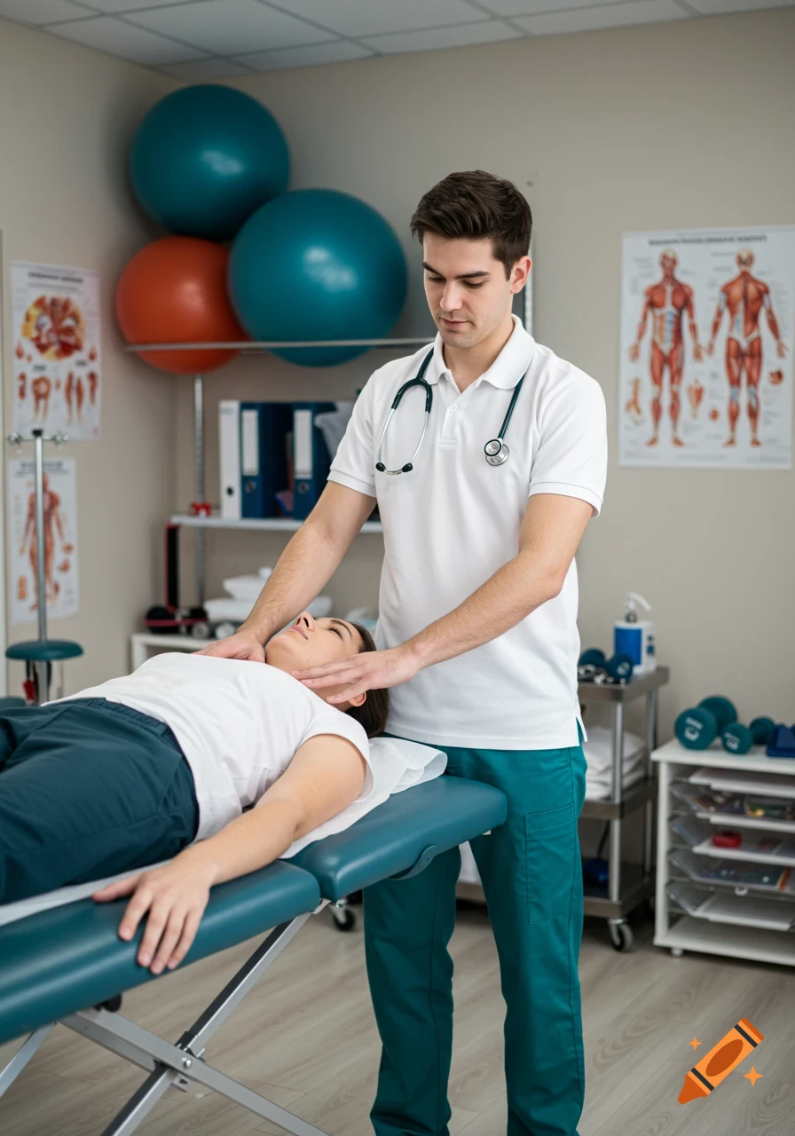 A male physiotherapist in a white polo shirt and teal scrubs treats a female patient lying on a therapy bed in a modern clinic.