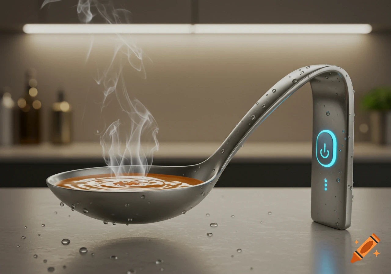 A futuristic metal spoon with hot, steaming soup and a glowing blue ...