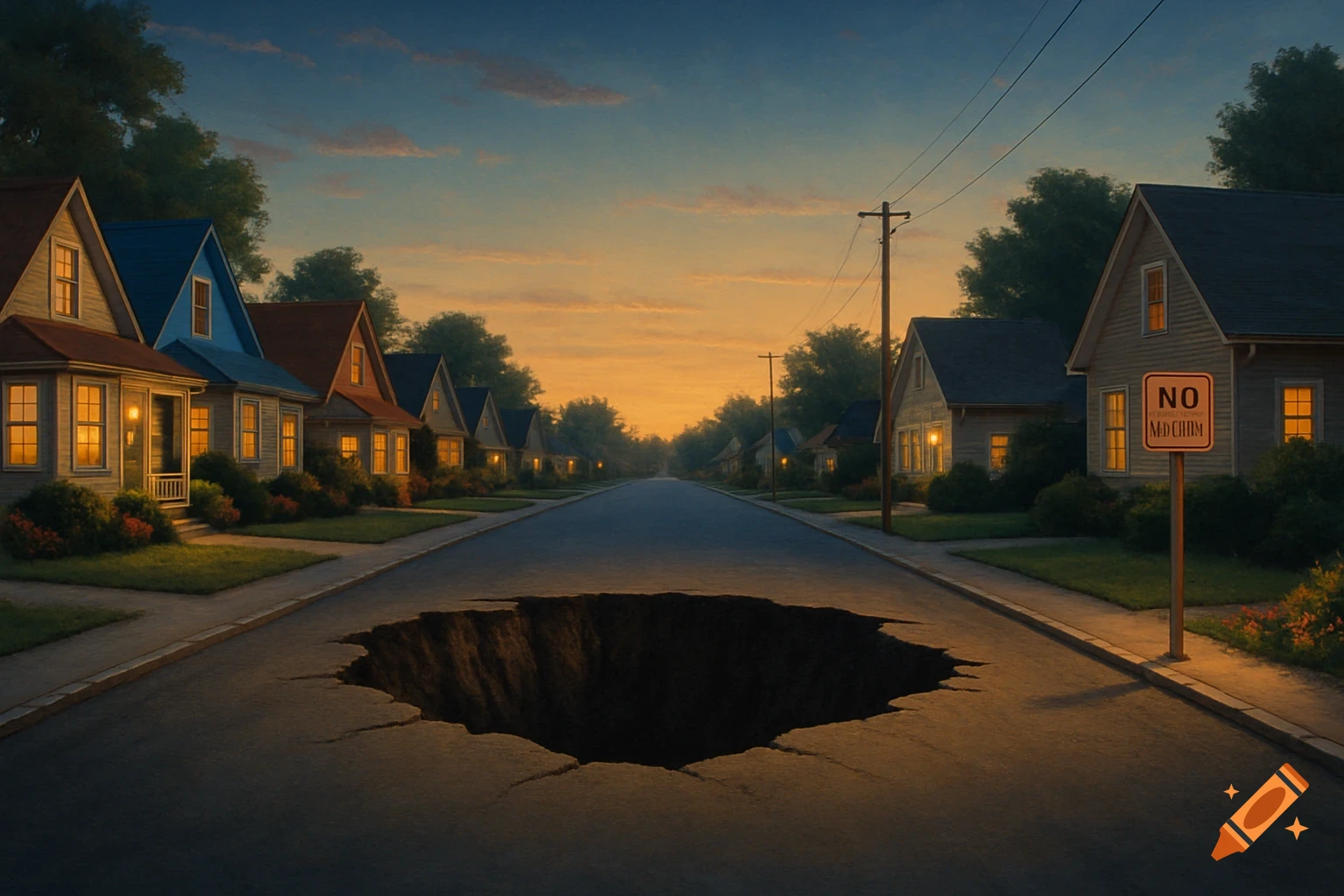 A residential street at dusk with a large sinkhole in the middle of the road, lined by houses with illuminated windows.