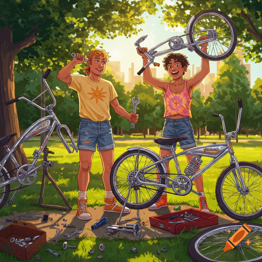 Illustration of two people repairing bicycles with tools in a sunny park.