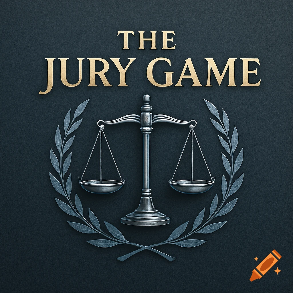 A dark background logo for 'THE JURY GAME' with gold text, featuring a silver scale of justice encircled by a laurel wreath.