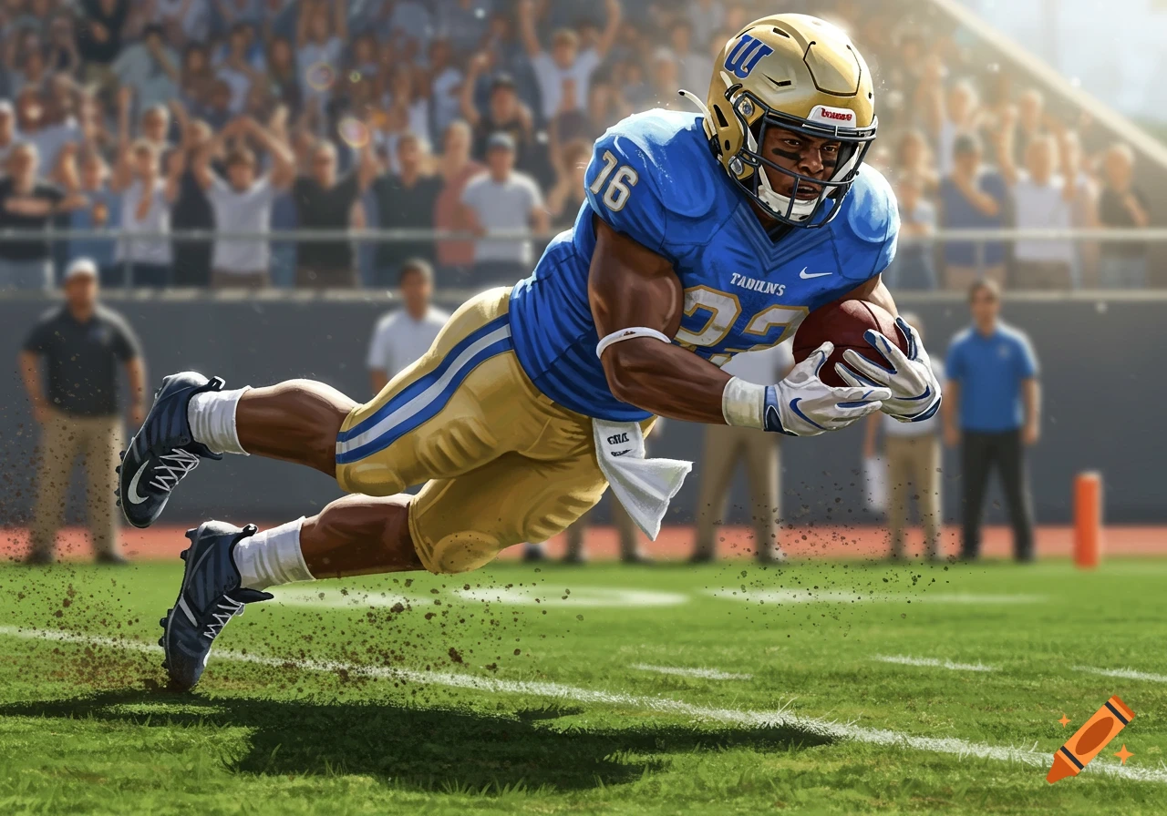 A football player in a blue and gold uniform dives mid-air with a football on a green field, fans in the background.