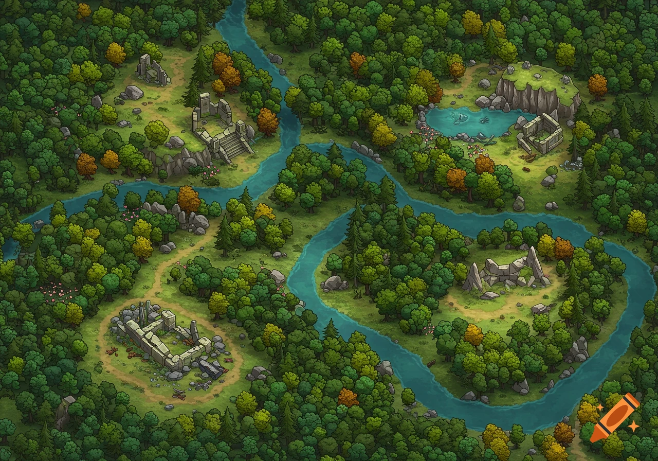 A top-down, stylized map of a dense forest with a winding river, several ancient stone ruins, and dirt paths.