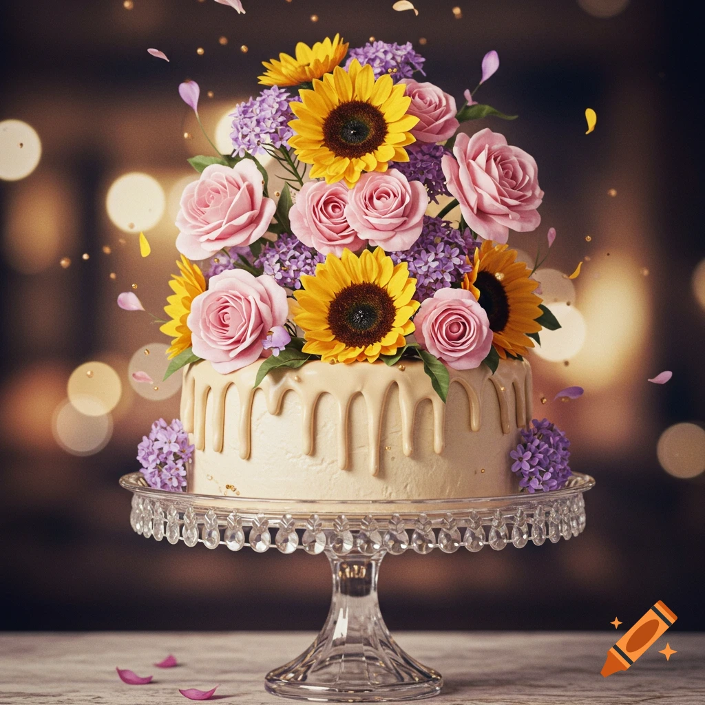 A photorealistic cake decorated with sunflowers, pink roses, and purple flowers, with cream frosting drips, on a glass stand.