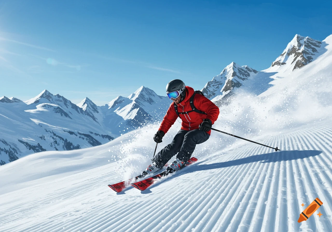 A man in a red jacket skis down a groomed snowy mountain slope, with distant peaks under a clear blue sky.