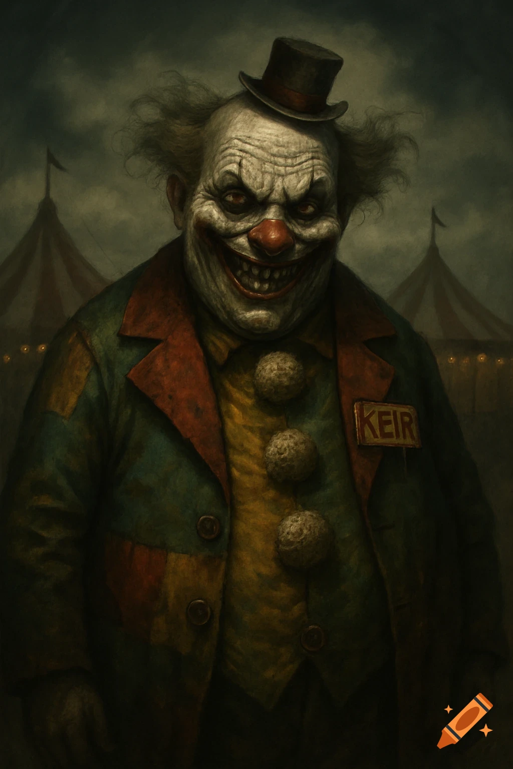 A creepy, evil-looking clown with a wide grin, ruffled hair, and a small top hat, wearing a colorful, patchwork jacket over a yellow shirt with three fluffy buttons, with a nametag reading 'KEIR', with two circus tents in the dark background.
