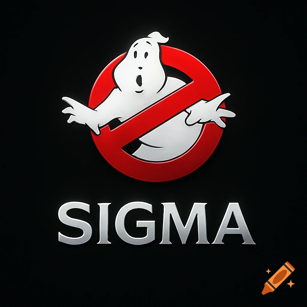 A shiny metallic 'SIGMA' wordmark below the classic Ghostbusters logo on a black background.