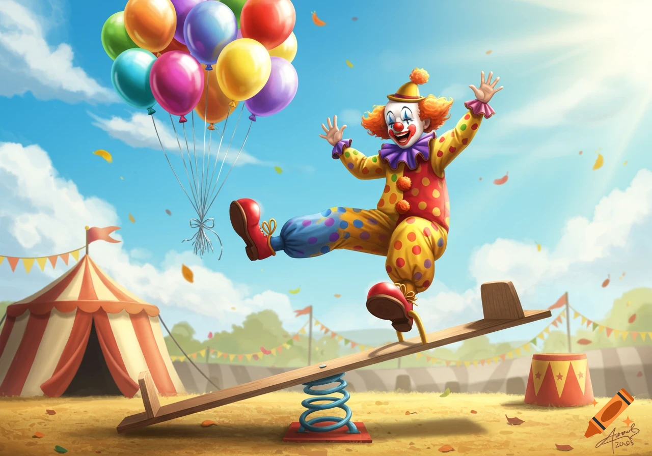 A cheerful clown in a polka-dotted suit bounces on a seesaw with colorful balloons against a blue sky, at a sunny circus.