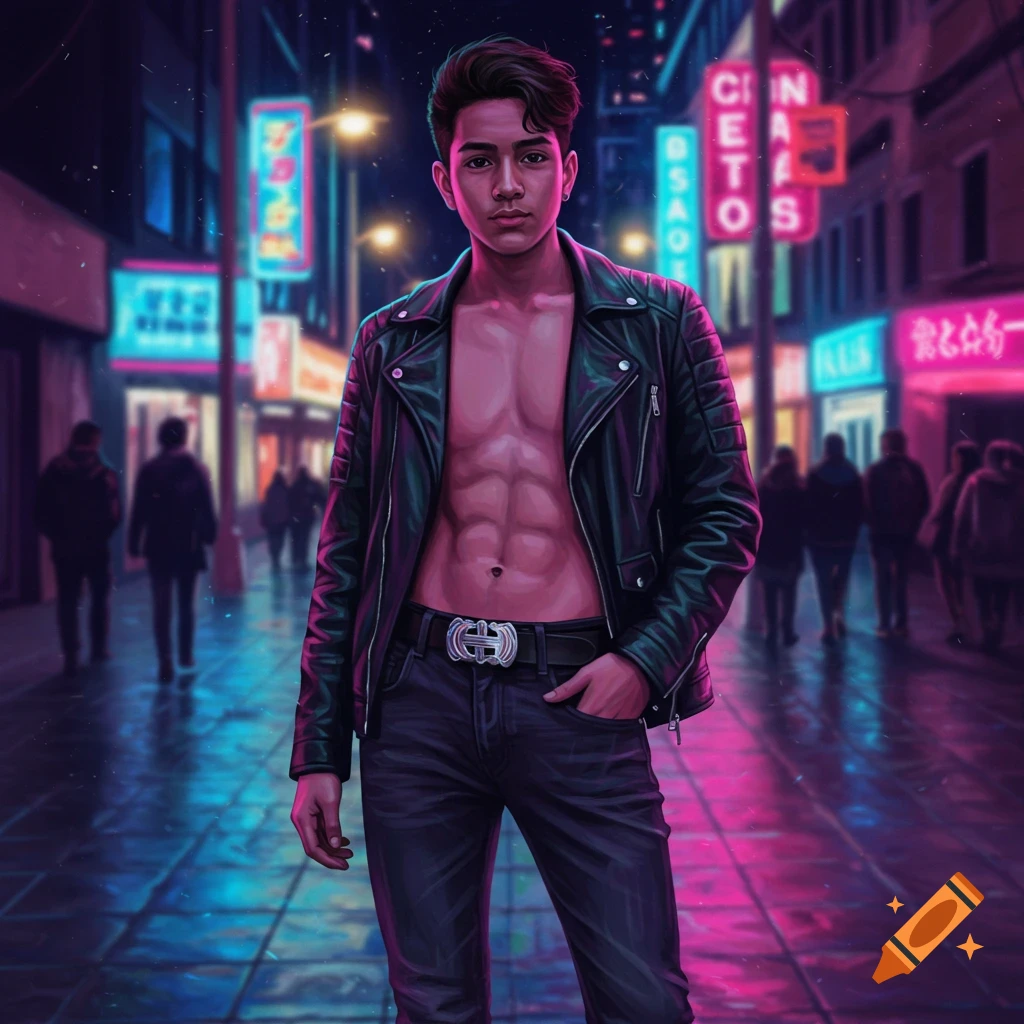 A stylish young man in an open leather jacket and jeans stands under ...