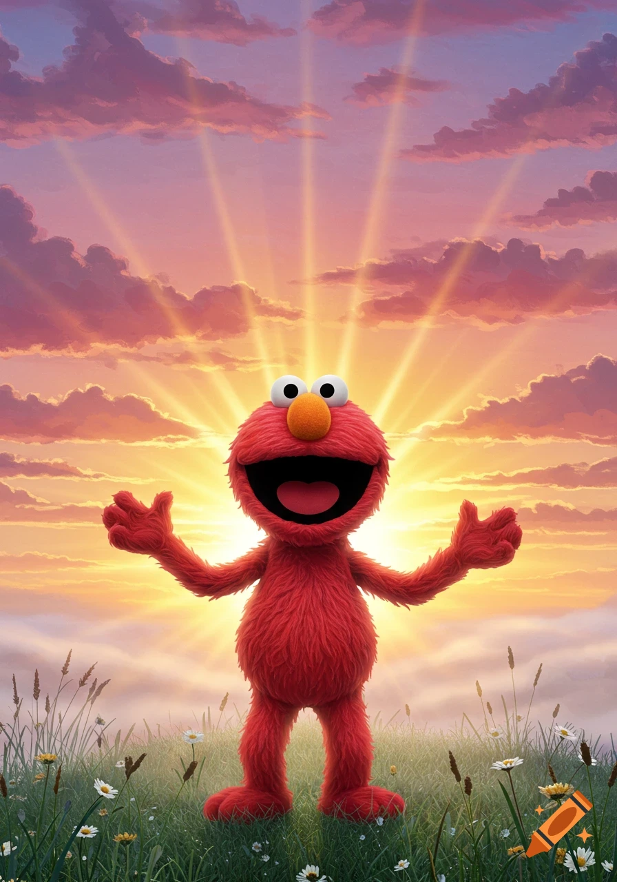 Elmo, a red furry monster, stands happily in a grassy field under a vibrant sunrise with golden rays and pink clouds.