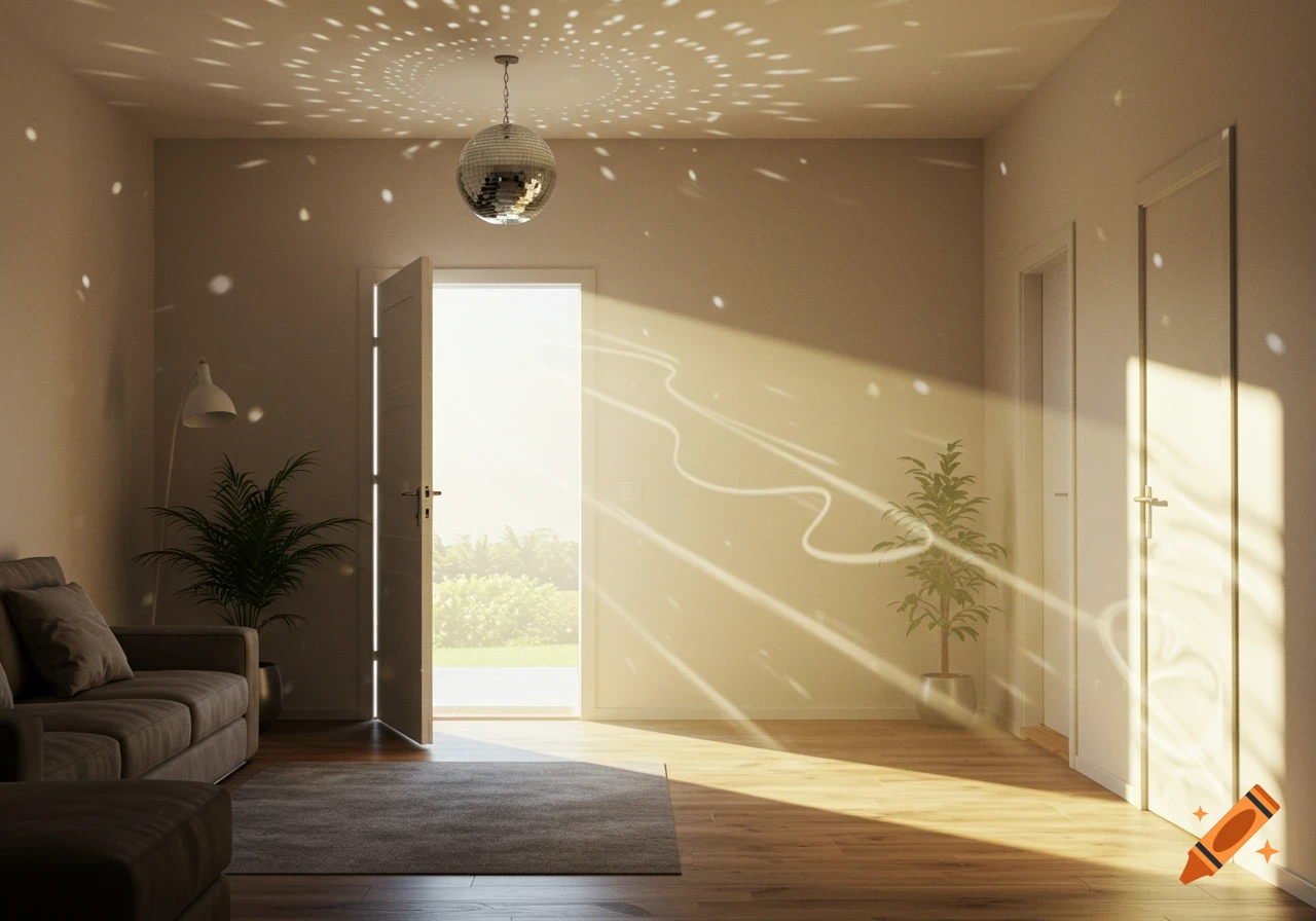 Modern interior with a disco ball on the ceiling casting light, sunlight streaming through an open door onto a wooden floor, a sofa, and plants.