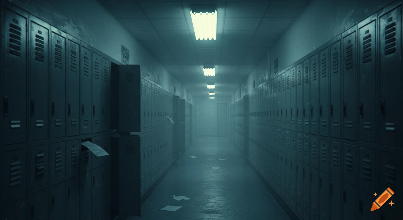 A long, dim, symmetrical corridor lined with metal lockers on both sides, illuminated by uneven, flickering fluorescent lights overhead, creating an unsettling atmosphere.