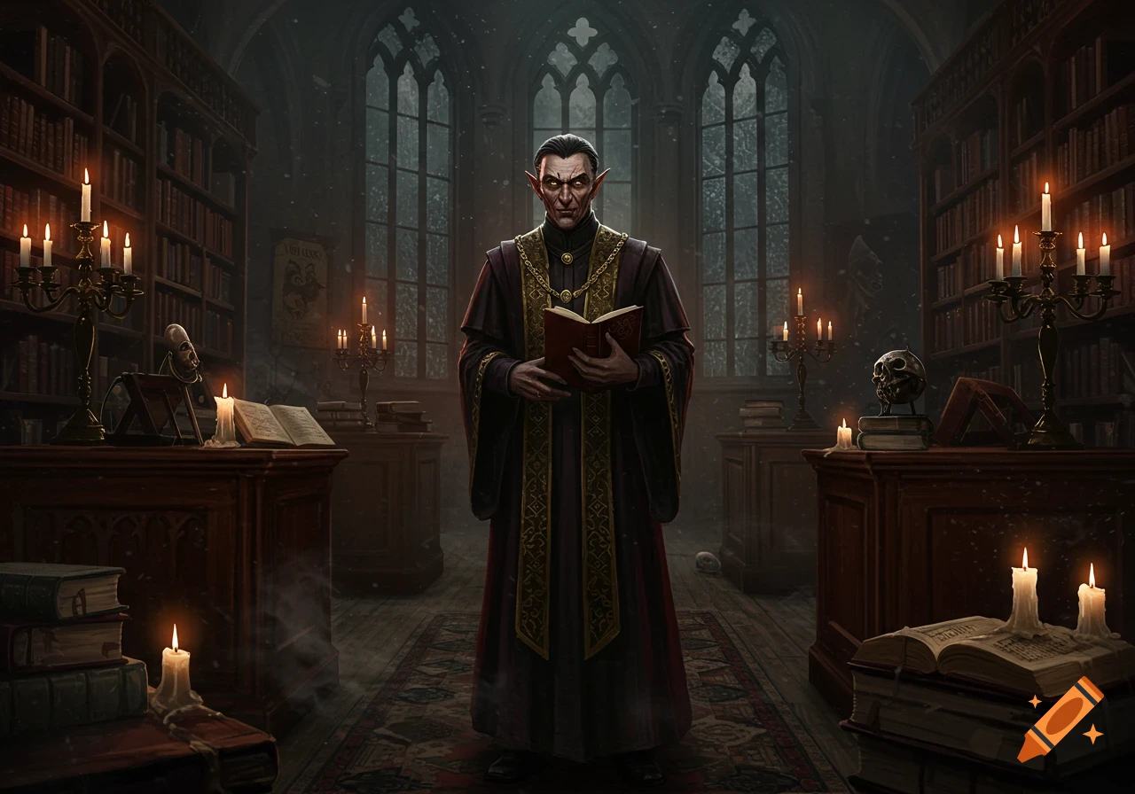 A pale, pointy-eared man in dark robes and a gold chain necklace holds a book in a candlelit, gothic library with tall windows.