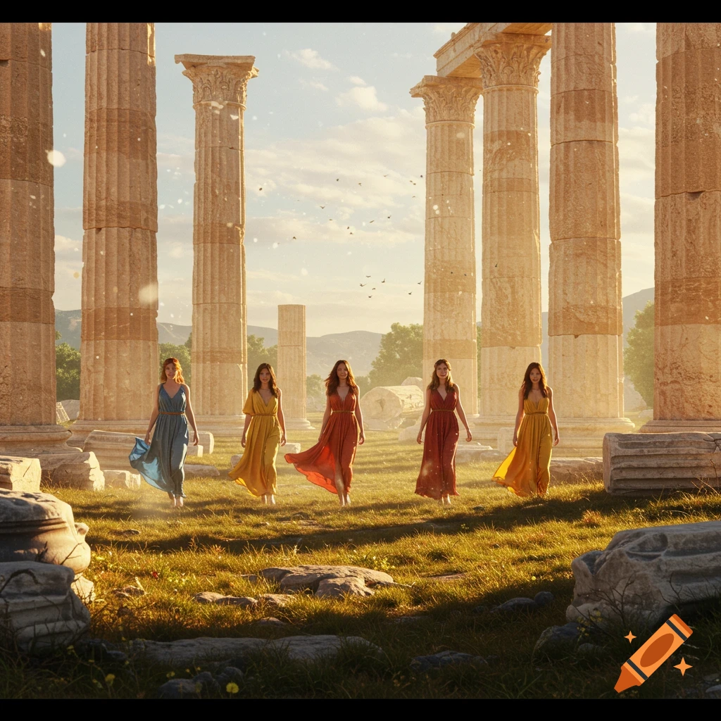 Five women in flowing dresses walk among ancient Greek ruins on a grassy field at golden hour.