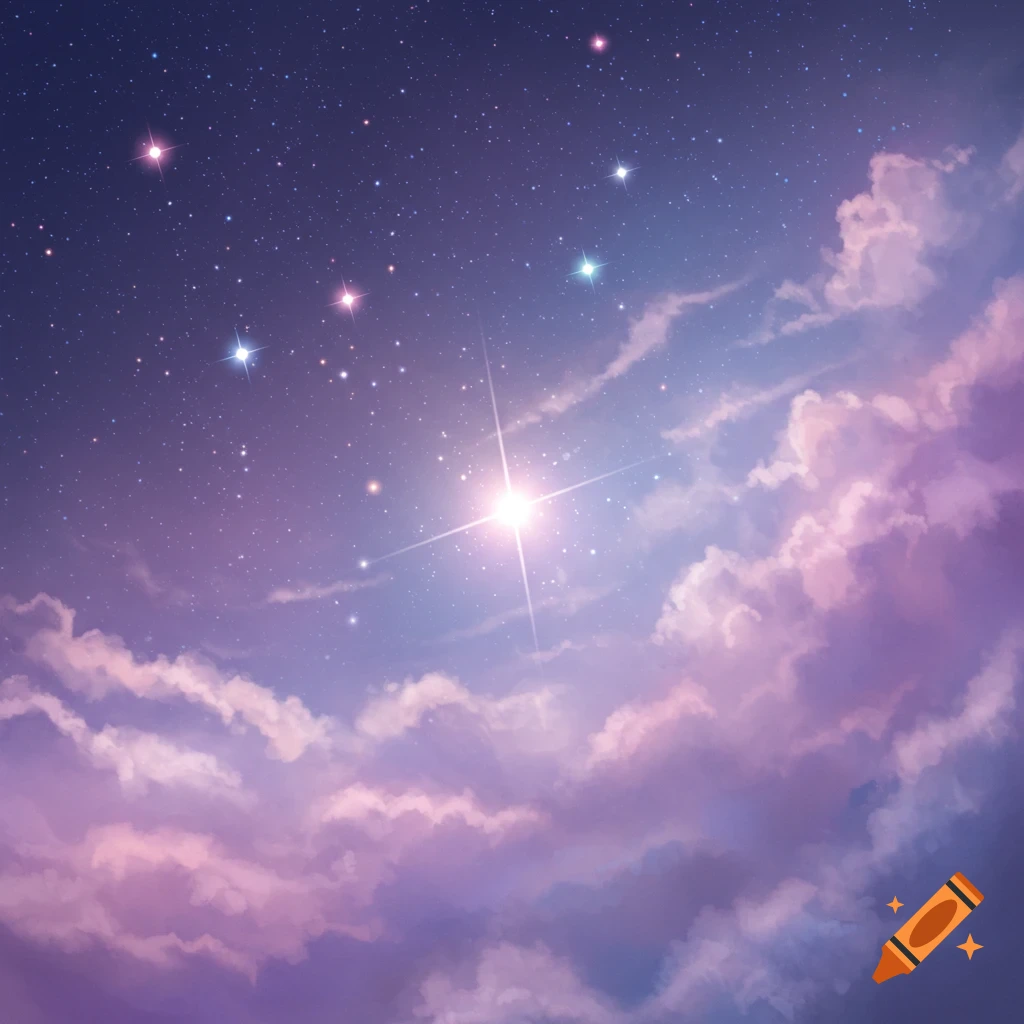 Dreamy purple and blue night sky filled with sparkling stars and soft, ethereal clouds, with one very bright central star.