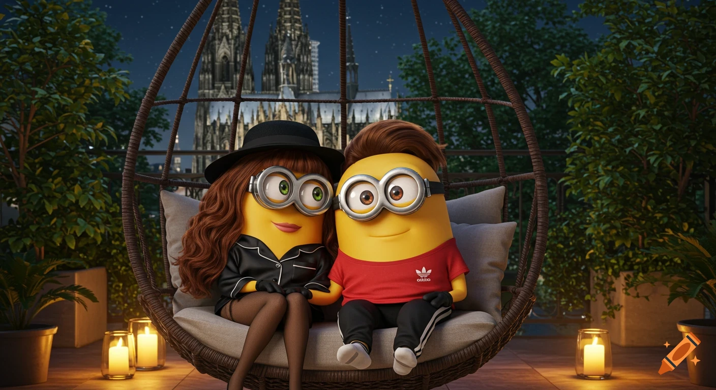 Two Minions, one in a black silk outfit and hat, the other in an Adidas tracksuit, sit arm-in-arm on a swing on a moonlit rooftop with Cologne Cathedral in background.