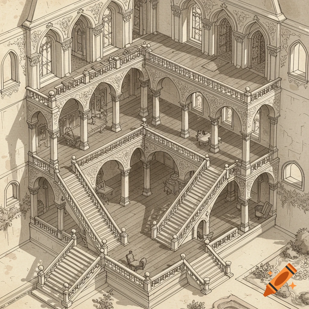 A detailed hand-drawn isometric map of a multi-story temple interior with rooms, stairs, and balconies around a central courtyard.