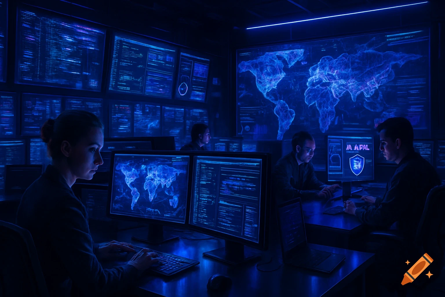 A cybersecurity operations center at night with analysts monitoring multiple blue-lit screens displaying network data and maps.