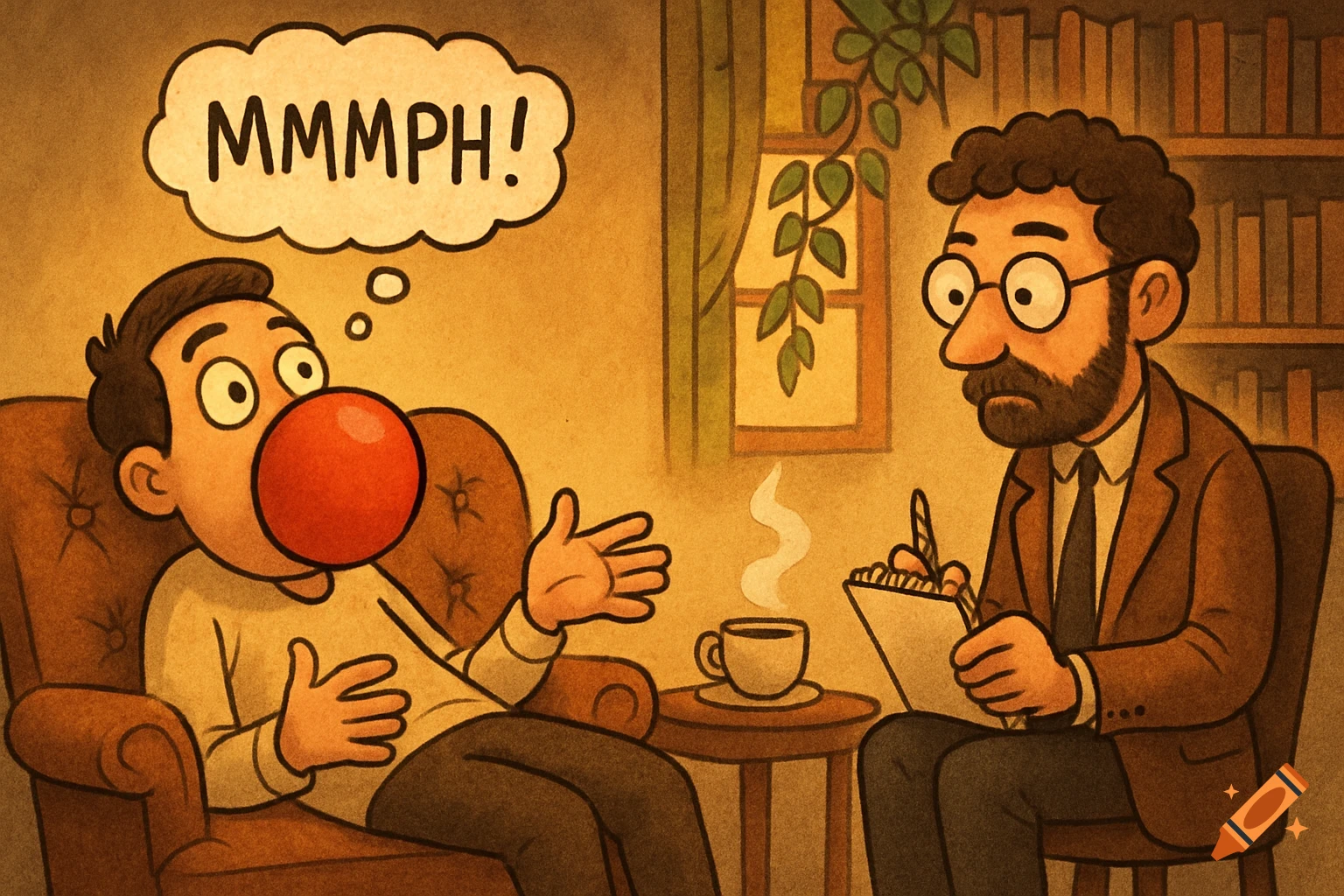 Cartoon of a man with a red ball in his mouth saying "MMMPH!" in a therapy session with a serious therapist.
