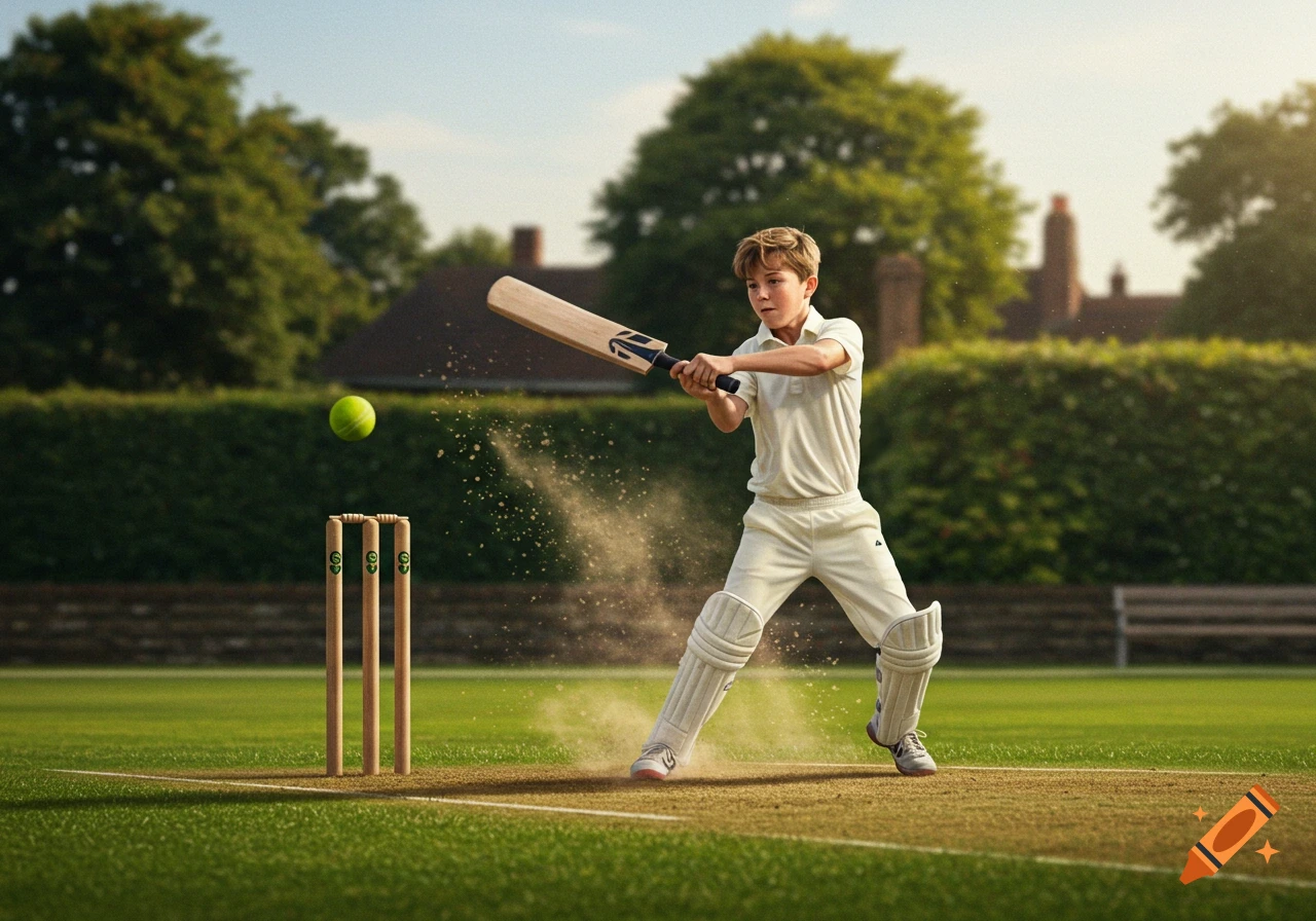 A young boy in white cricket attire hits a tennis ball with a cricket bat, sending dirt flying on a green pitch. Photorealistic.