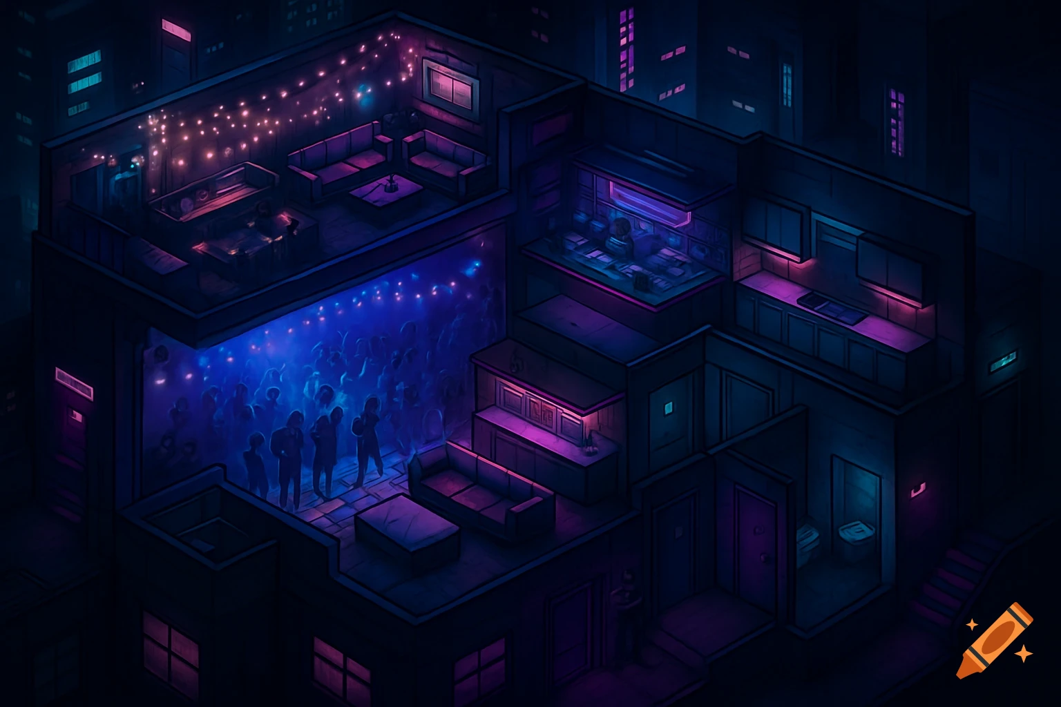 Isometric cyberpunk illustration of a multi-level building with a rooftop lounge, a glowing blue dancefloor party, a DJ corner, and various rooms at night.