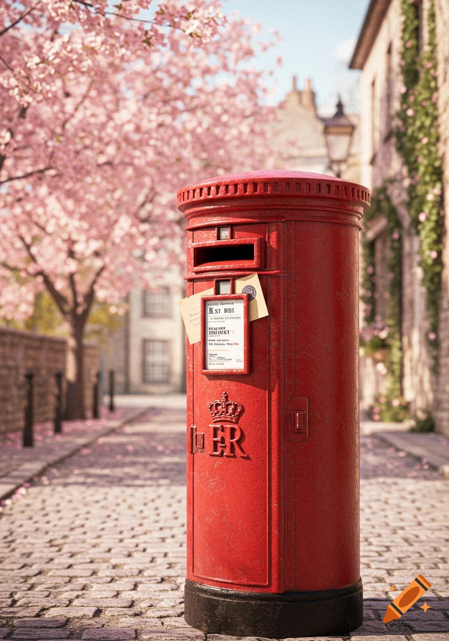 A vibrant red British post box stands on a cobbled street, surrounded by blooming pink cherry blossom trees, with quaint buildings in the background.