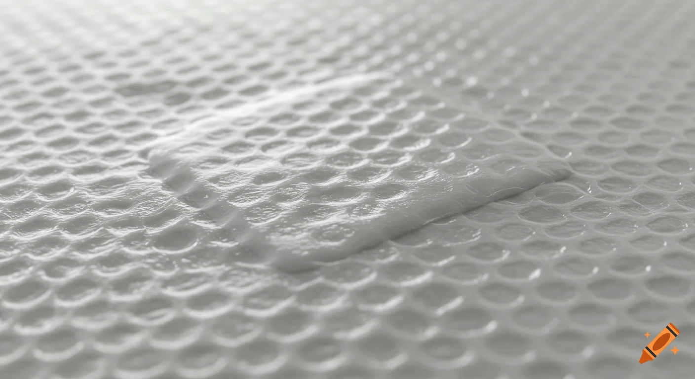 Close-up of a white textured surface with a pattern of funnel-shaped micro-pores, resembling a polyethylene film or bandage.