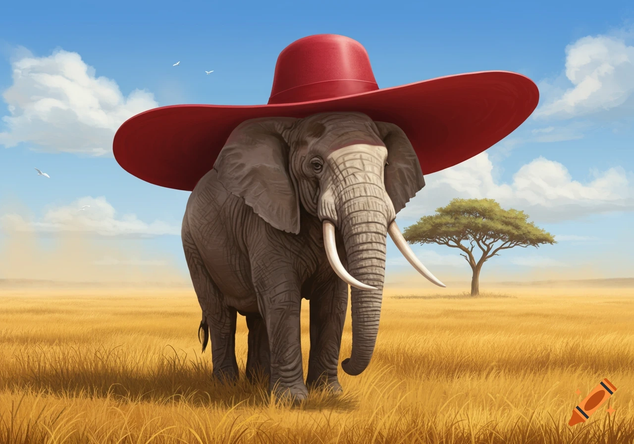 An elephant wearing a large red hat stands in a golden savanna under a blue sky with white clouds. A single tree is in the distance.