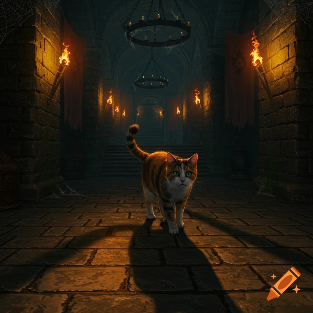 A ginger and white tabby cat with green eyes walks down a torchlit stone dungeon hallway with spiderwebs.