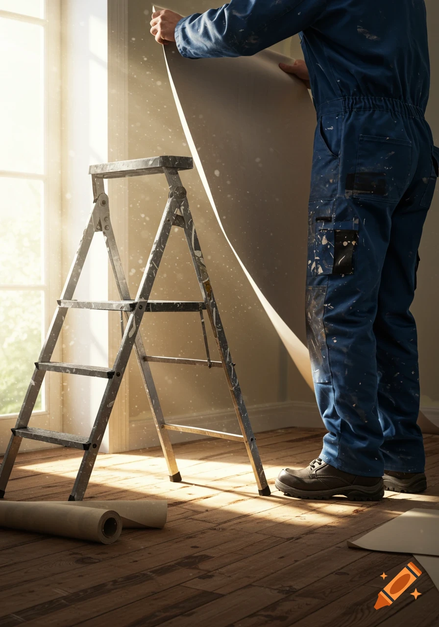 A photorealistic image of a person in a blue overall applying wallpaper next to a ladder in a sunlit room.