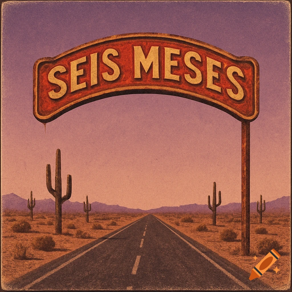 A vintage-style desert road leads to mountains under a purple sky, with a sign reading 'SEIS MESES' overhead, flanked by saguaro cacti.
