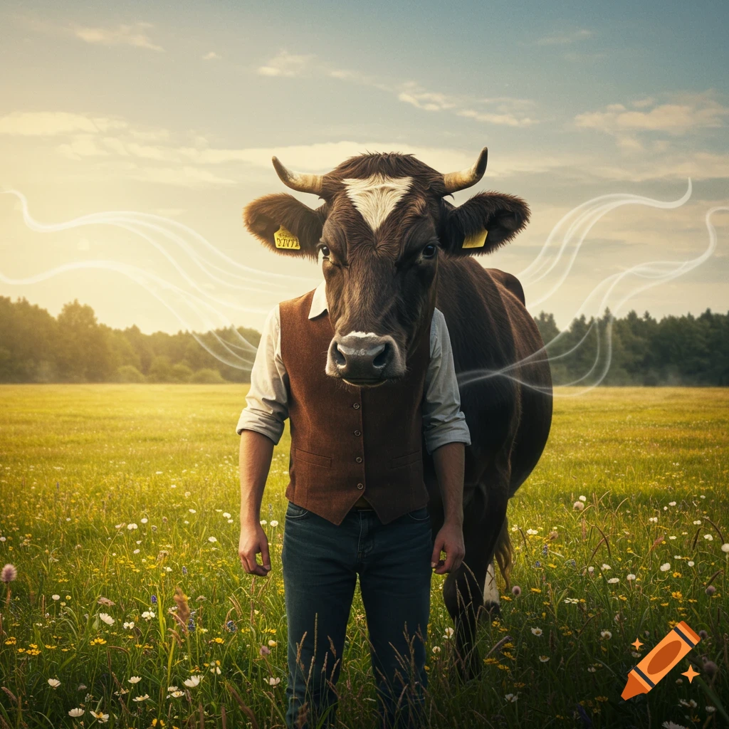 A photorealistic image of a man with a cow's head standing in a sunny, grassy field with wildflowers.
