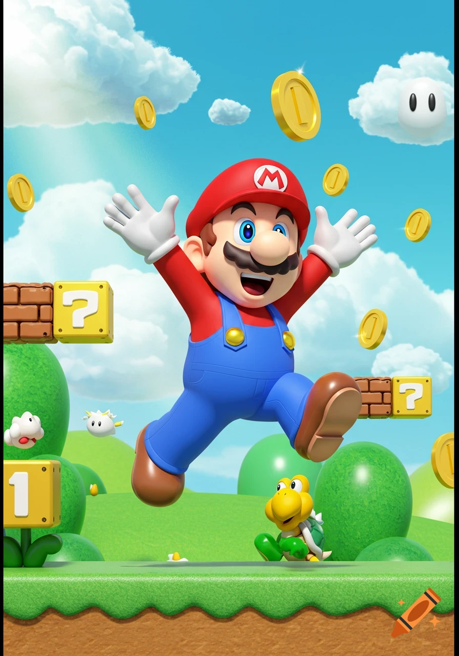 Mario jumps excitedly in a bright green landscape, surrounded by floating coins, question blocks, and a Koopa Troopa.